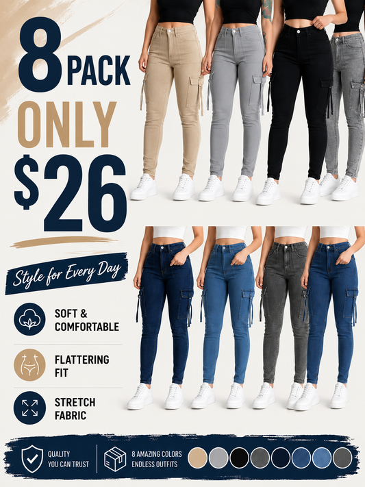 🔥MID YEAR SALE🔥Women's Plain Multi-pocket Denim Elastic Slim Fit Button Cargo Denim Pants
