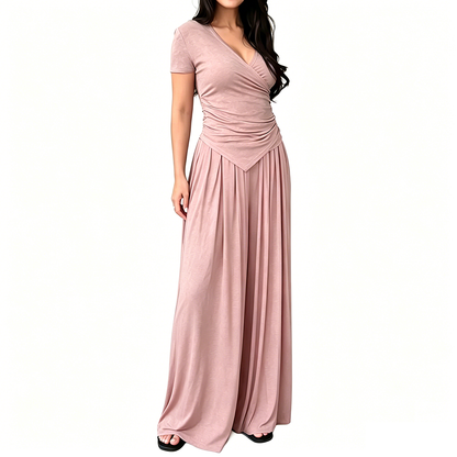 V Neck Wrap Top & High Waist Wide Leg Pants Set