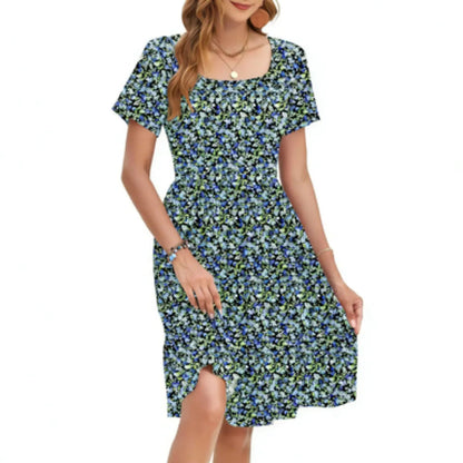 Women‘s Square Neck Ditsy Floral Dress, Ruffle Empire Waist A-Line Sundress With Pockets
