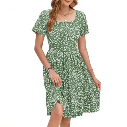 Women‘s Square Neck Ditsy Floral Dress, Ruffle Empire Waist A-Line Sundress With Pockets