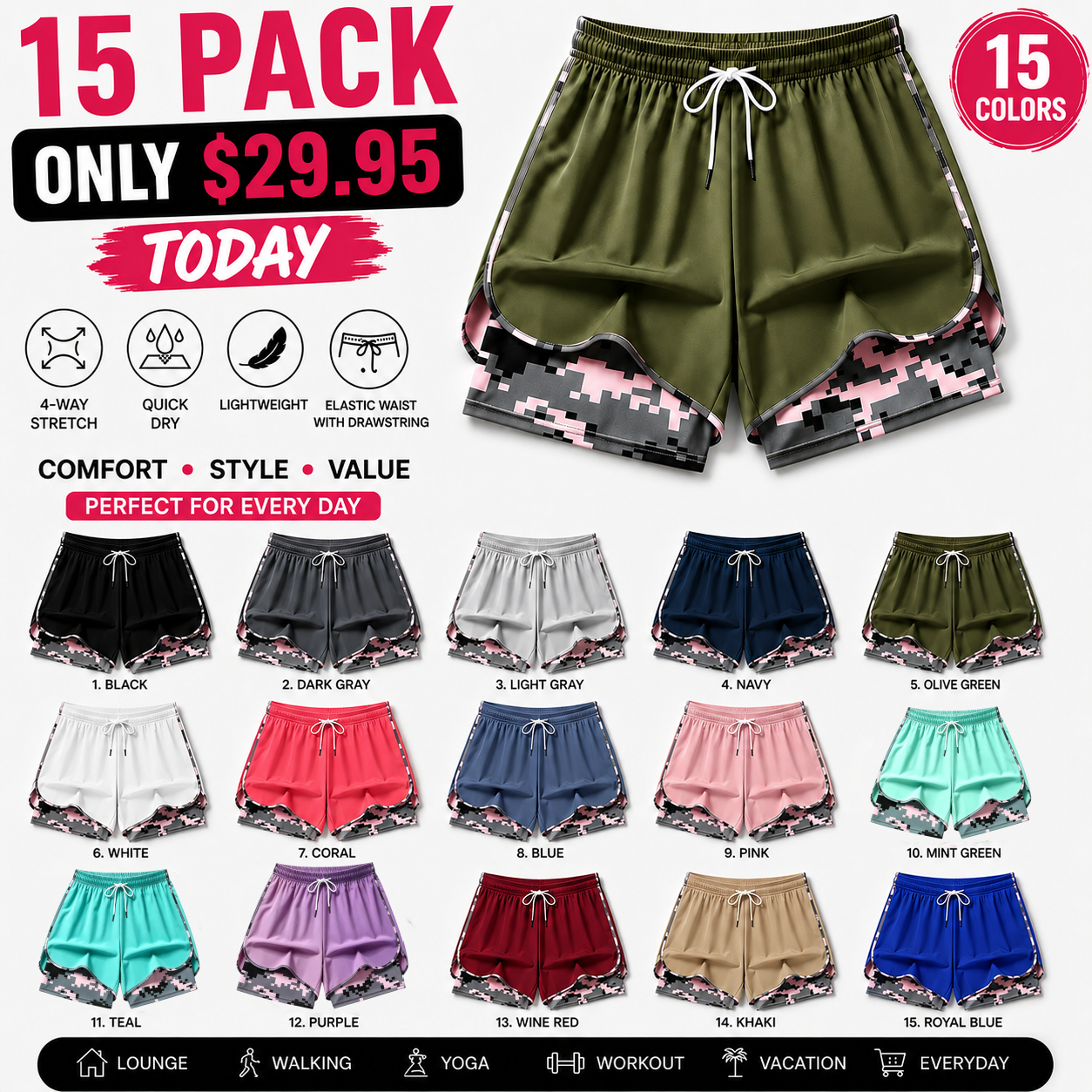【LAST DAY SALE】Women’s casual athletic shorts with pockets