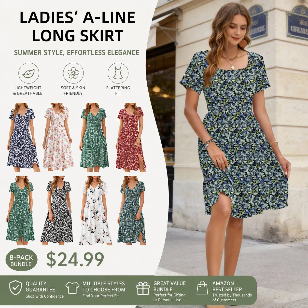 Women‘s Square Neck Ditsy Floral Dress, Ruffle Empire Waist A-Line Sundress With Pockets