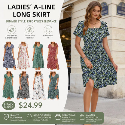 Women‘s Square Neck Ditsy Floral Dress, Ruffle Empire Waist A-Line Sundress With Pockets