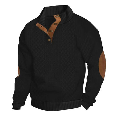 Herren-Strickpullover aus Jacquard mit Stehkragen, leicht elastisch (100 % Polyester), Langarm-Oberteil mit Ellbogen-Patches