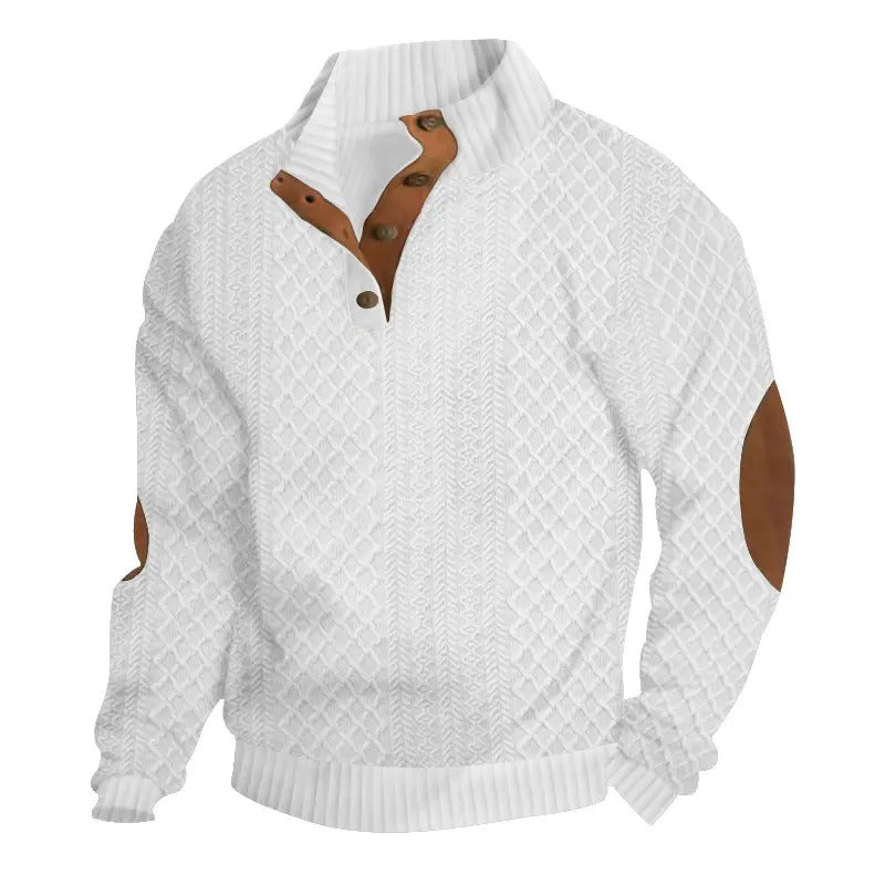 Herren-Strickpullover aus Jacquard mit Stehkragen, leicht elastisch (100 % Polyester), Langarm-Oberteil mit Ellbogen-Patches