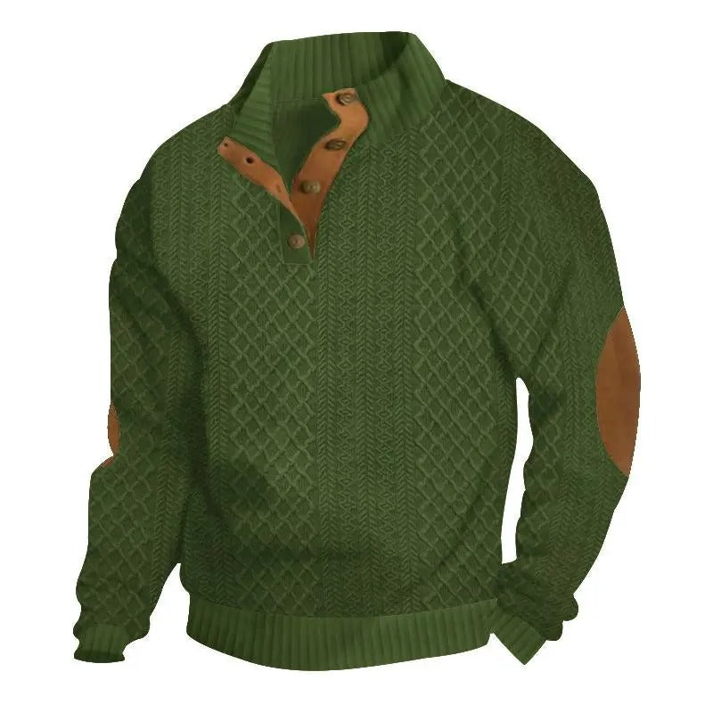 Herren-Strickpullover aus Jacquard mit Stehkragen, leicht elastisch (100 % Polyester), Langarm-Oberteil mit Ellbogen-Patches