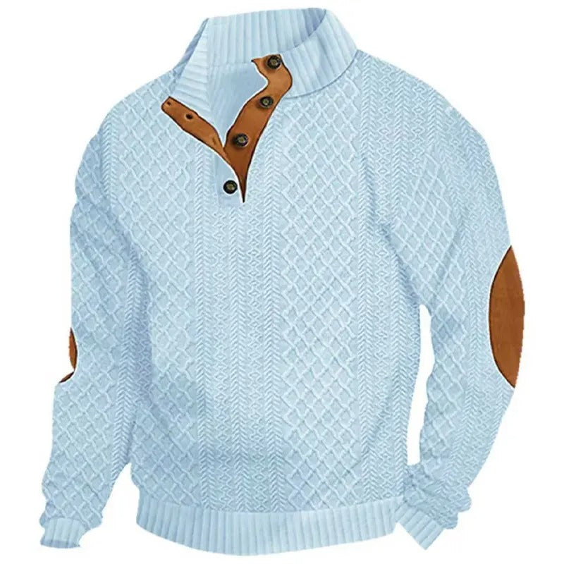 Herren-Strickpullover aus Jacquard mit Stehkragen, leicht elastisch (100 % Polyester), Langarm-Oberteil mit Ellbogen-Patches