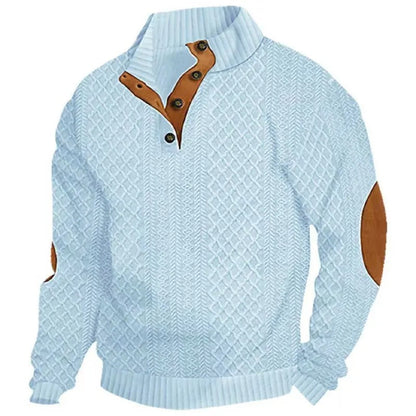 Herren-Strickpullover aus Jacquard mit Stehkragen, leicht elastisch (100 % Polyester), Langarm-Oberteil mit Ellbogen-Patches