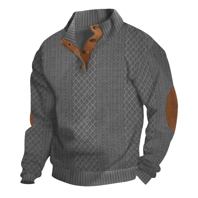 Herren-Strickpullover aus Jacquard mit Stehkragen, leicht elastisch (100 % Polyester), Langarm-Oberteil mit Ellbogen-Patches