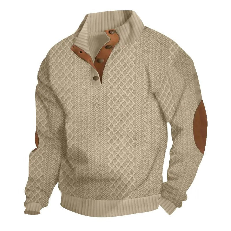 Herren-Strickpullover aus Jacquard mit Stehkragen, leicht elastisch (100 % Polyester), Langarm-Oberteil mit Ellbogen-Patches