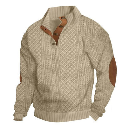 Herren-Strickpullover aus Jacquard mit Stehkragen, leicht elastisch (100 % Polyester), Langarm-Oberteil mit Ellbogen-Patches