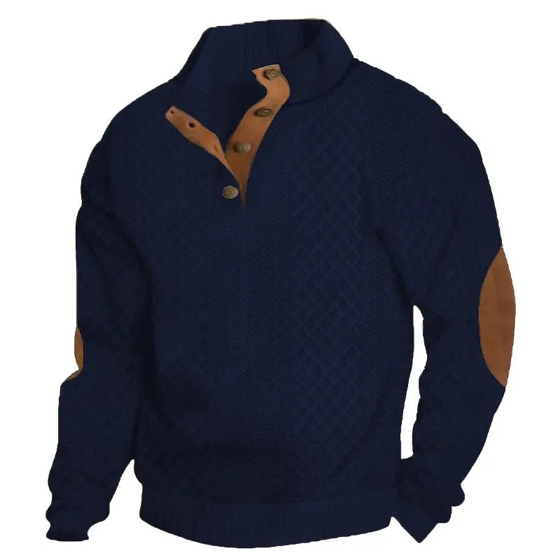 Herren-Strickpullover aus Jacquard mit Stehkragen, leicht elastisch (100 % Polyester), Langarm-Oberteil mit Ellbogen-Patches