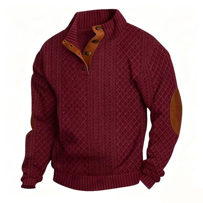 Herren-Strickpullover aus Jacquard mit Stehkragen, leicht elastisch (100 % Polyester), Langarm-Oberteil mit Ellbogen-Patches