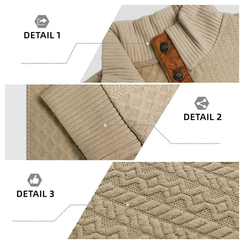 Herren-Strickpullover aus Jacquard mit Stehkragen, leicht elastisch (100 % Polyester), Langarm-Oberteil mit Ellbogen-Patches
