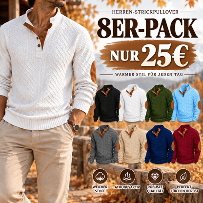 Herren-Strickpullover aus Jacquard mit Stehkragen, leicht elastisch (100 % Polyester), Langarm-Oberteil mit Ellbogen-Patches