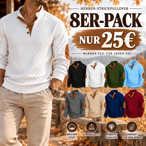 Herren-Strickpullover aus Jacquard mit Stehkragen, leicht elastisch (100 % Polyester), Langarm-Oberteil mit Ellbogen-Patches