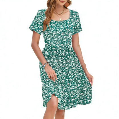 Women‘s Square Neck Ditsy Floral Dress, Ruffle Empire Waist A-Line Sundress With Pockets