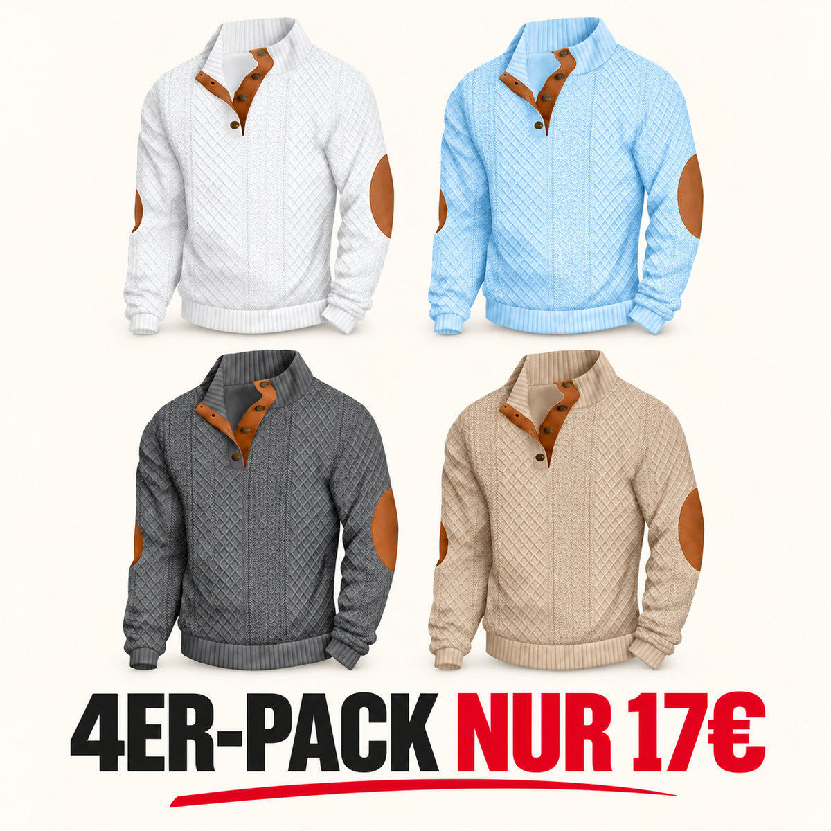 Herren-Strickpullover aus Jacquard mit Stehkragen, leicht elastisch (100 % Polyester), Langarm-Oberteil mit Ellbogen-Patches
