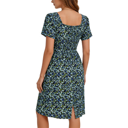 Women‘s Square Neck Ditsy Floral Dress, Ruffle Empire Waist A-Line Sundress With Pockets