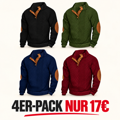 Herren-Strickpullover aus Jacquard mit Stehkragen, leicht elastisch (100 % Polyester), Langarm-Oberteil mit Ellbogen-Patches