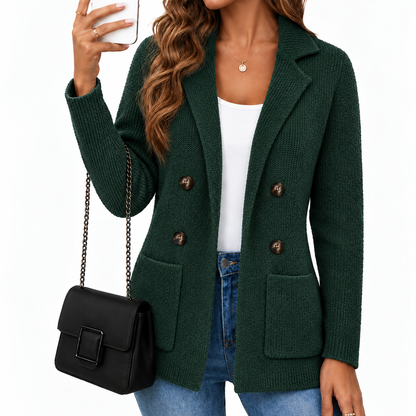 📢🎉50%Rabatt!!!🛍️✨Damen zweireihige Rippstrick-Strickjacke mit Taschen und Reverskragen