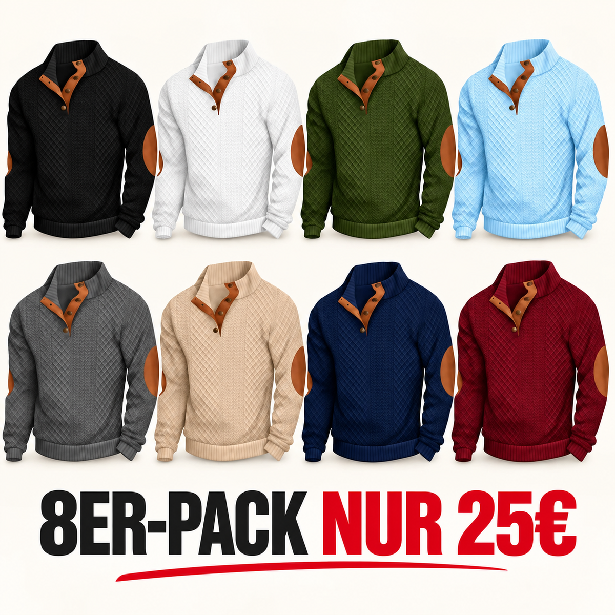 Herren-Strickpullover aus Jacquard mit Stehkragen, leicht elastisch (100 % Polyester), Langarm-Oberteil mit Ellbogen-Patches