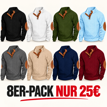 Herren-Strickpullover aus Jacquard mit Stehkragen, leicht elastisch (100 % Polyester), Langarm-Oberteil mit Ellbogen-Patches