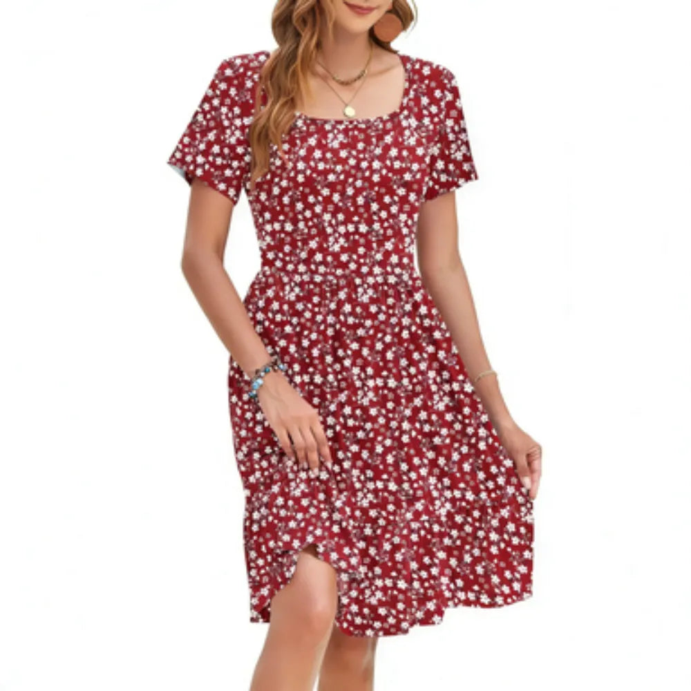 Women‘s Square Neck Ditsy Floral Dress, Ruffle Empire Waist A-Line Sundress With Pockets