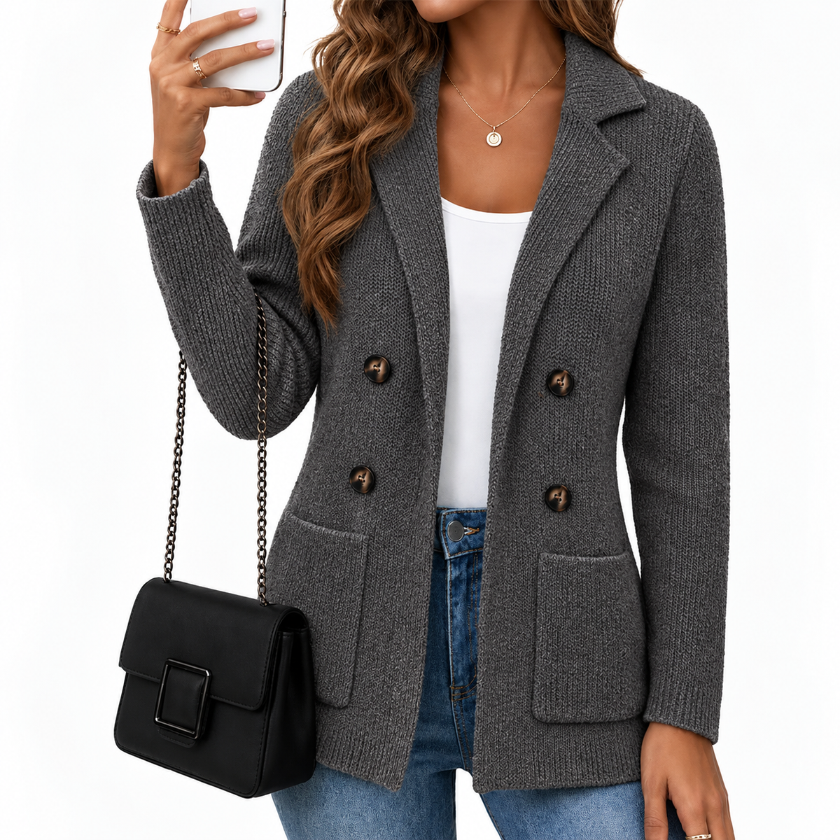 📢🎉50%Rabatt!!!🛍️✨Damen zweireihige Rippstrick-Strickjacke mit Taschen und Reverskragen
