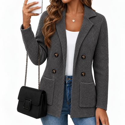 📢🎉50%Rabatt!!!🛍️✨Damen zweireihige Rippstrick-Strickjacke mit Taschen und Reverskragen