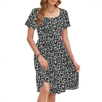 Women‘s Square Neck Ditsy Floral Dress, Ruffle Empire Waist A-Line Sundress With Pockets