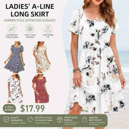 Women‘s Square Neck Ditsy Floral Dress, Ruffle Empire Waist A-Line Sundress With Pockets