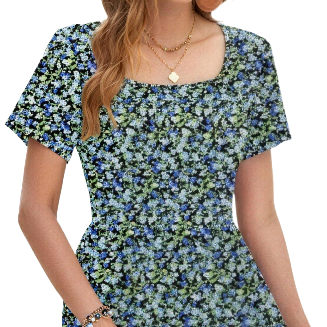 Women‘s Square Neck Ditsy Floral Dress, Ruffle Empire Waist A-Line Sundress With Pockets