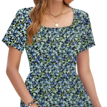 Women‘s Square Neck Ditsy Floral Dress, Ruffle Empire Waist A-Line Sundress With Pockets