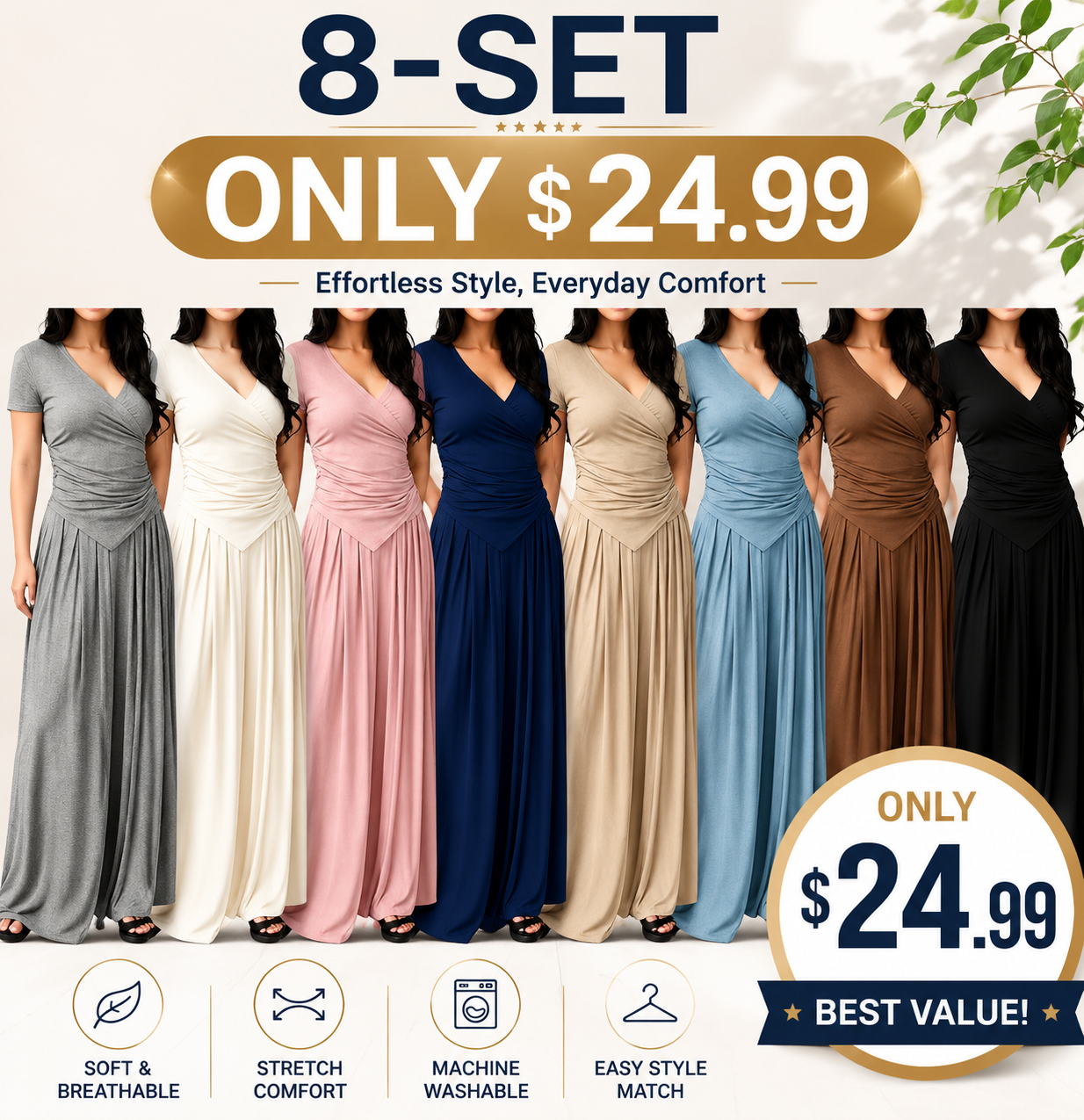 V Neck Wrap Top & High Waist Wide Leg Pants Set