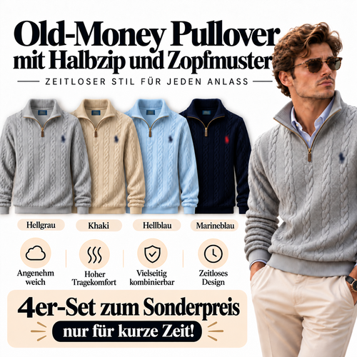Herren Old-Money Zopfstrick-Pullover aus Baumwolle mit Halbzip