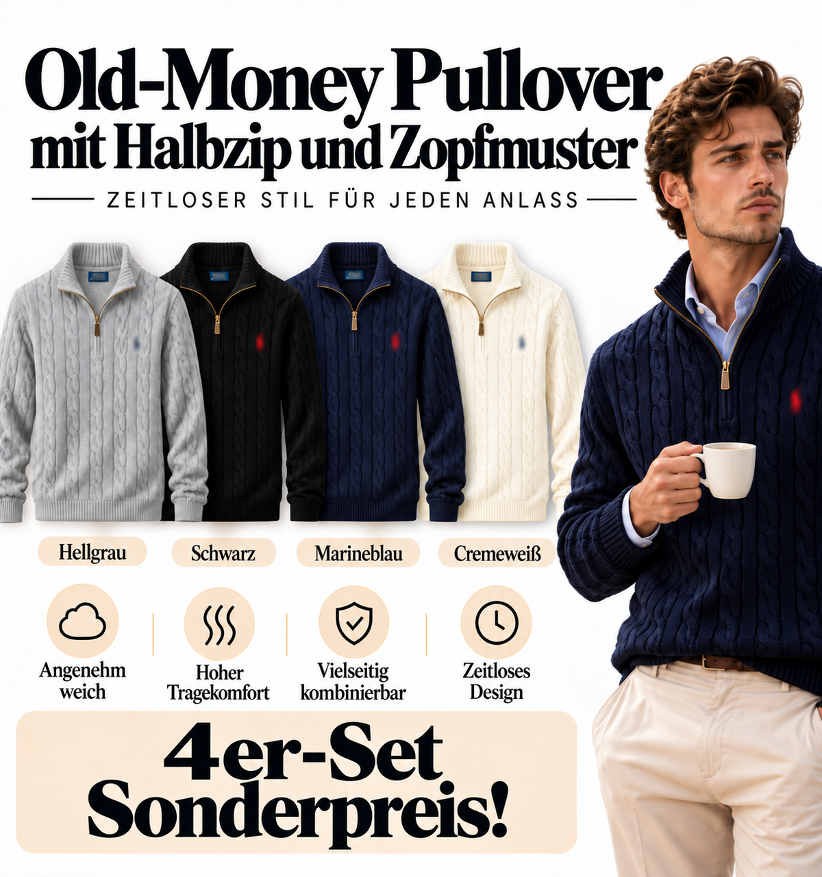 Herren Old-Money Zopfstrick-Pullover aus Baumwolle mit Halbzip