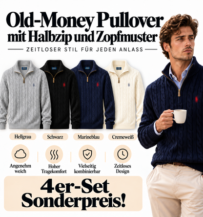 Herren Old-Money Zopfstrick-Pullover aus Baumwolle mit Halbzip