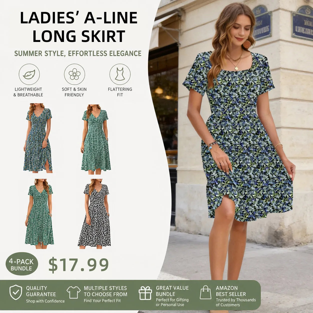 Women‘s Square Neck Ditsy Floral Dress, Ruffle Empire Waist A-Line Sundress With Pockets