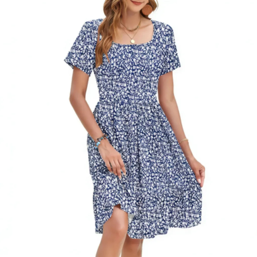 Women‘s Square Neck Ditsy Floral Dress, Ruffle Empire Waist A-Line Sundress With Pockets