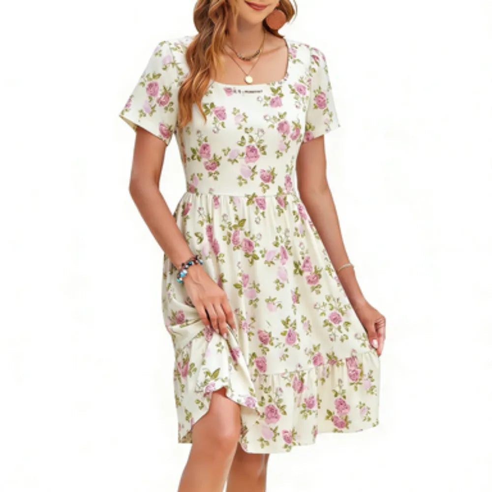 Women‘s Square Neck Ditsy Floral Dress, Ruffle Empire Waist A-Line Sundress With Pockets