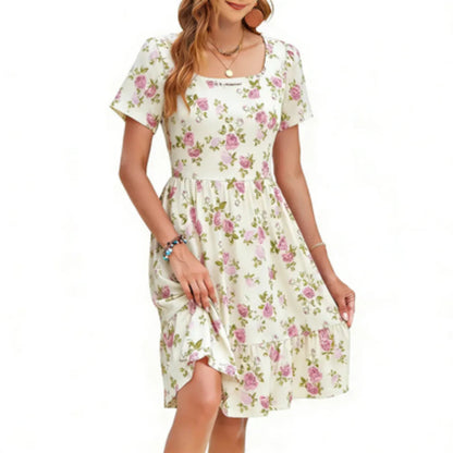 Women‘s Square Neck Ditsy Floral Dress, Ruffle Empire Waist A-Line Sundress With Pockets