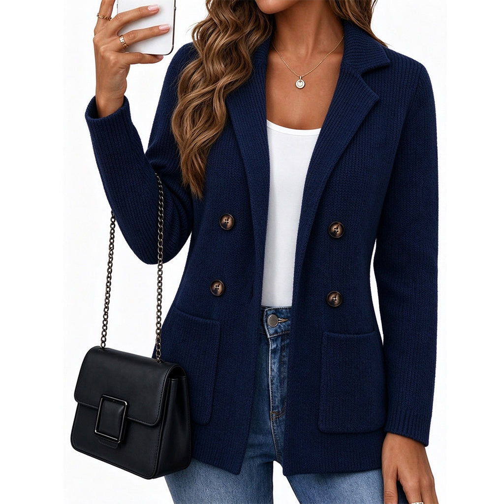 📢🎉50%Rabatt!!!🛍️✨Damen zweireihige Rippstrick-Strickjacke mit Taschen und Reverskragen